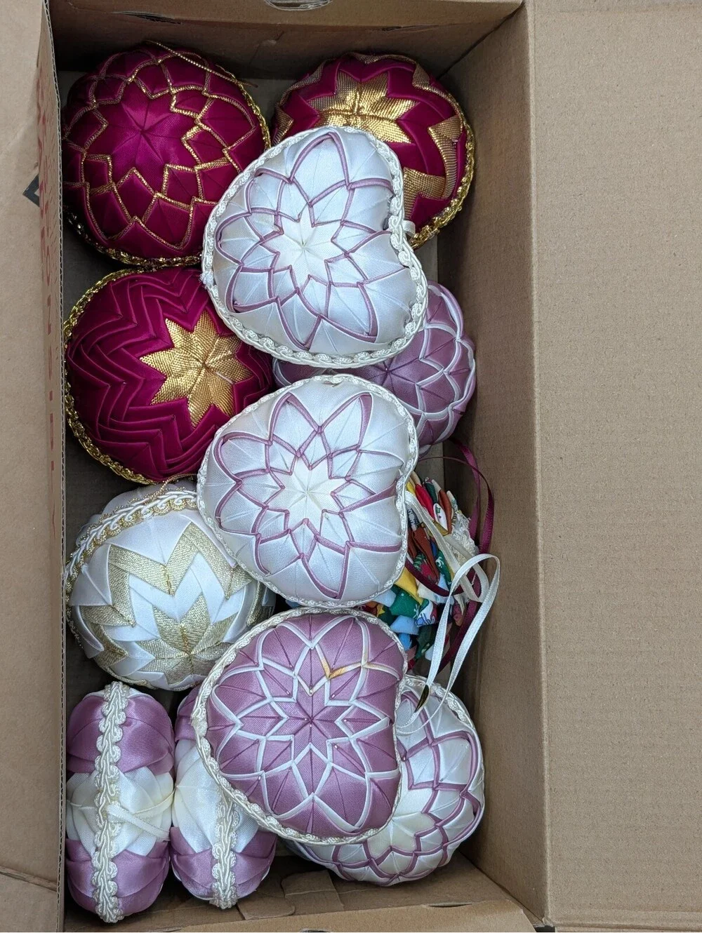 Vintage Quilted Satin Ribbon Christmas Ornaments Lot 10 Satin Folded Star Heart